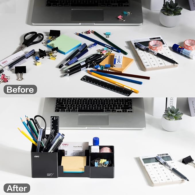 deli Desk Organizer, Plastic Desktop Organizer with Pencil Holder and Sticky Note Tray, Office Stationery Supplies Organizers Accessories Caddy, 6 Compartments, Black - Image 6