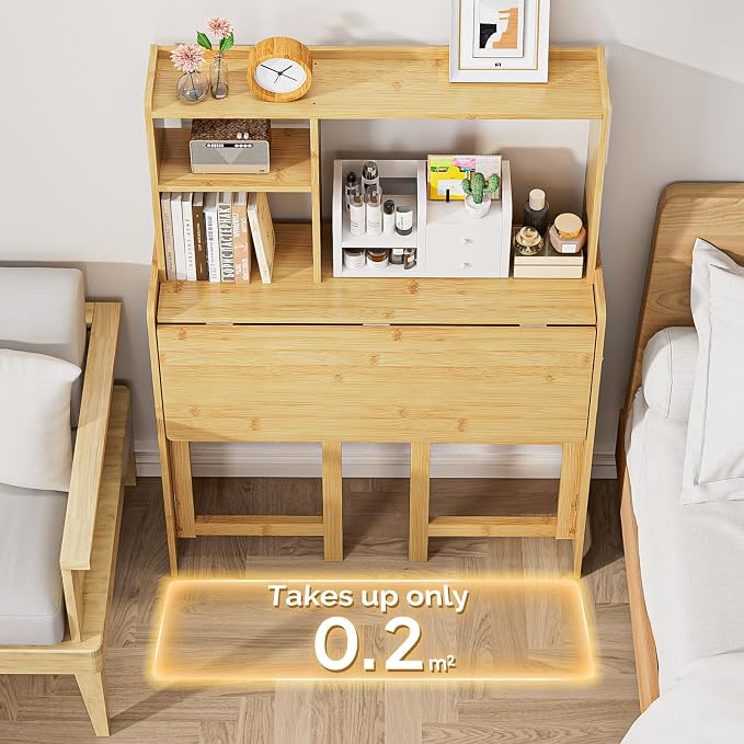 Folding Desk with Bookshelf, Compact Foldable Desk for Small Spaces,Natural | Bamboo Computer Desk with Storage Shelf, Space-Saving Home Office Desk with Hutch for Bedroom, Dorm, Apartment - Image 3