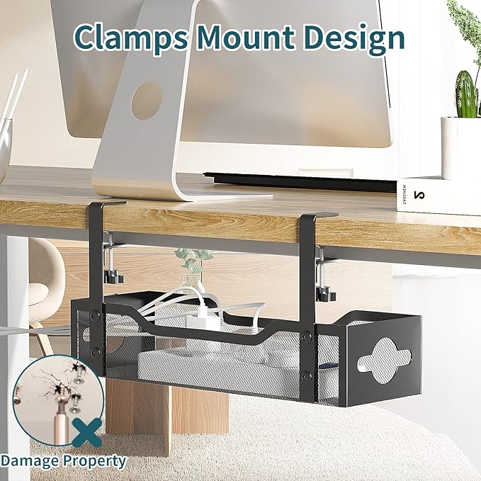 Under Desk Cable Management Tray 3 Pack, Cable Management Under Desk No Drill, Cable Organizer with Clamp for Wire Management, Cord Organizer for Office, Home - No Damage to Table (Black) - Image 2
