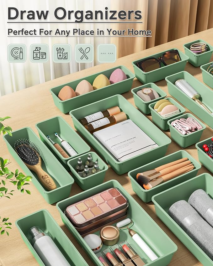 KEMETHY 25 PCS Plastic Drawer Organizers Set, 4 Sizes Vanity Organizer, Makeup and Desk Drawer Organizer Trays, Organization and Storage for Makeup, Bathroom, Kitchen Utensils and Office (Green) - Image 6