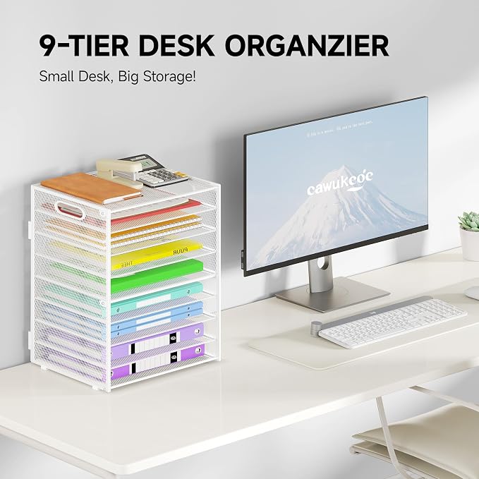 Cawukege 9 Tier Paper Organizer with Handle, White Large Capacity Desk Organizer Mesh File Folder Letter Paper Tray Desktop Document Sorter for Classroom, School, and Office Accessories Organization - Image 2