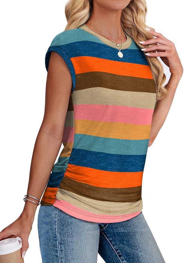 Sampeel Womens Summer Tops Trendy 2026 Ruched Cap Short Sleeve Tshirts Shirts Crew Neck T Shirts Fashion - Image 4