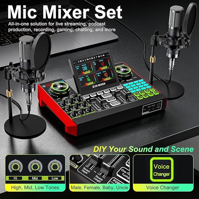 tenlamp G10 Podcast Equipment Bundle for 2 with Live Sound Board Audio Mixer - Two Condenser Mics, Voice Changer, Noise Reduction, for PC/Phone Streaming, Gaming, Singing, Podcast, Recording - Image 2
