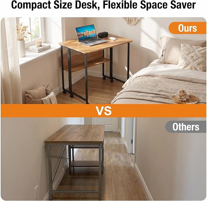 Mobile Foldable Computer Desk with Lockable Wheels & Fixed Foot Pads,Space Saving Folding Writing Gaming Table with Storage Shelf,Laptop Desk for Bedroom Small Apartment Office - Image 5