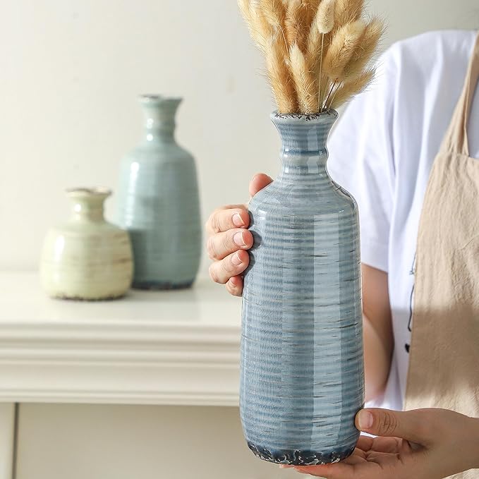 Ceramic Vase Set of 3, Rustic Neutral Vases Home Decor Farmhouse Decorative Flower Vase Modern Boho Pampass Vases for Table Mantel Entryway Shelf Living Room Kitchen Bathroom - Multicolor - Image 3