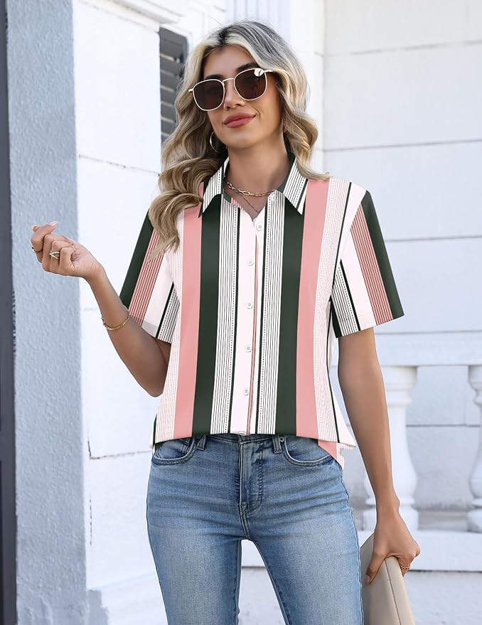 Zeagoo Button Down Shirts for Women Short Sleeve Collared Tops Dressy Casual V Neck Blouses - Image 4