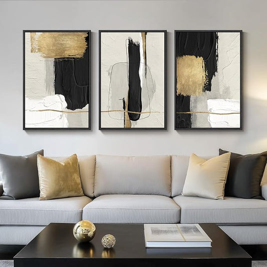 Large Framed Black and White Abstract Wall Art, 3 Piece Modern Canvas Prints Paintings Artwork for Walls, Minimalist Black Beige Gold Pictures for LIving Room Bedroom Office Wall Decor Total 30x60 In by Cuspin