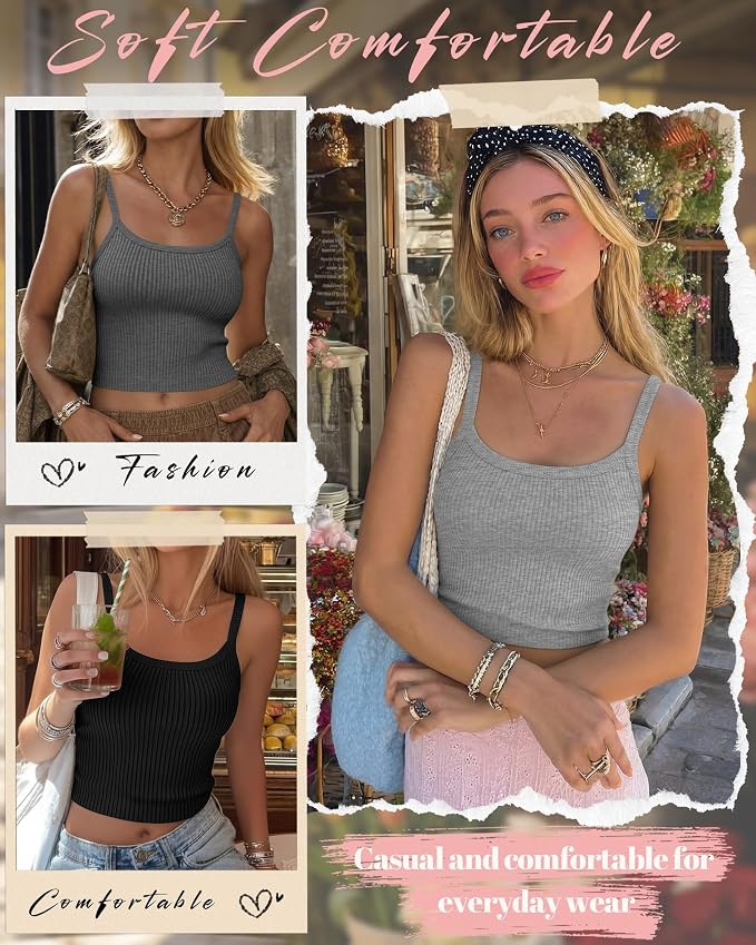 Ficerd 3 Pack Women's Tank Tops 95% Cotton Spaghetti Strap Ribbed Crop Camisole Slim Fitted Basic Summer Sleeveless Layer - Image 5