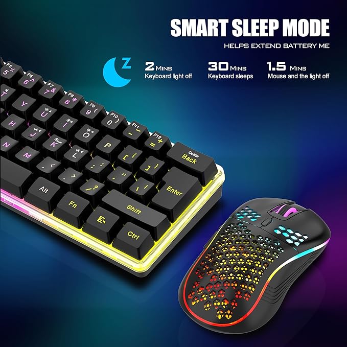 RedThunder 60% Wireless Gaming Keyboard and Mouse Combo, 2500mAh Rechargeable Battery, Ultra-Compact Small RGB Mechanical Feel Keyboard, Lightweight Honeycomb Optical Mouse for Gaming/Business, Black - Image 6