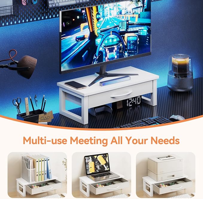Desk Organizers and Accessories, Computer Monitor Stand Riser with Drawer, White Laptop Stand for Desk with Storage, Office Organization, Wood - Image 5