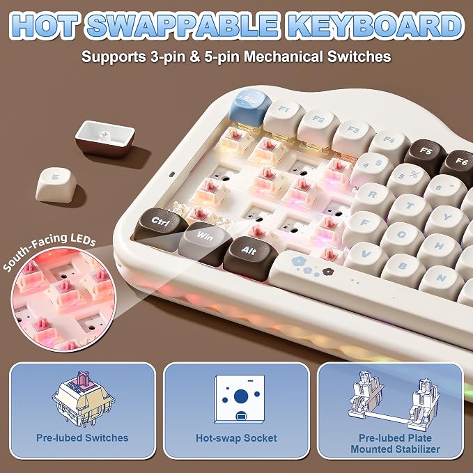 YUNZII C75 Cute 75% Wireless Mechanical Keyboard (Choco, Candy Switch) | Creamy Cake Keyboard, BT5.0/2.4G/USB-C, Hot-Swap, NKRO, PBT MOA Keycaps,5500mAh RGB Gasket Mount for Mac/Win/Gaming/Office - Image 5