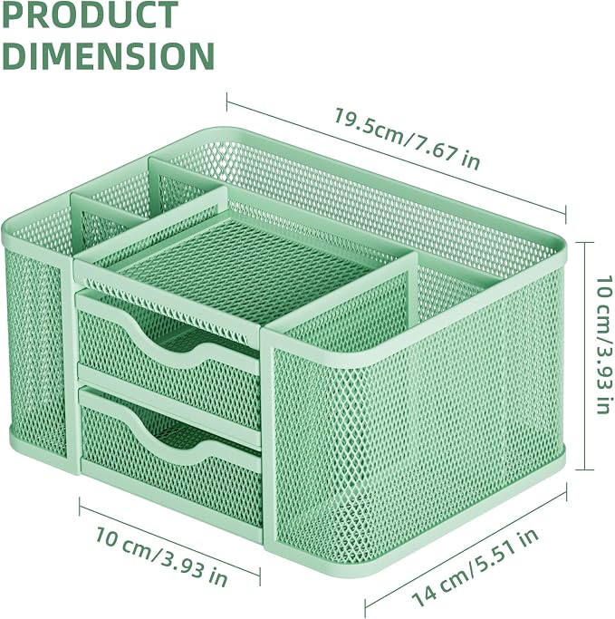Marbrasse Mesh Desk Organizer, Pen Organizer with 2 Drawer, Multi-Functional Pencil Holder, Desk Organizers and Accessories with 5 Compartments + Drawer for Office Art Supplies (Green) - Image 4