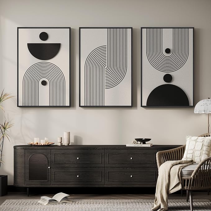 Large 3D Textured Framed Black and White Abstract Wall Art for Living Room, 3 Piece Modern Geometric Paintings, Minimalist Neutral Relief Pictures for Dining Bedroom Hallway Office Wall Decor, 24x36 In - Image 2