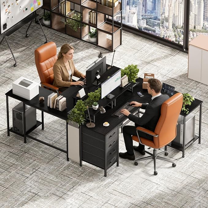 Korfile 59 inch L Shaped Computer Desk with Power Outlets, Black | Ideal for Home Office, Bedroom, Corner, 4 Adjustable Storage Drawers, 2 Monitor Stands, Reversible, Two Person Gaming Table - Image 2