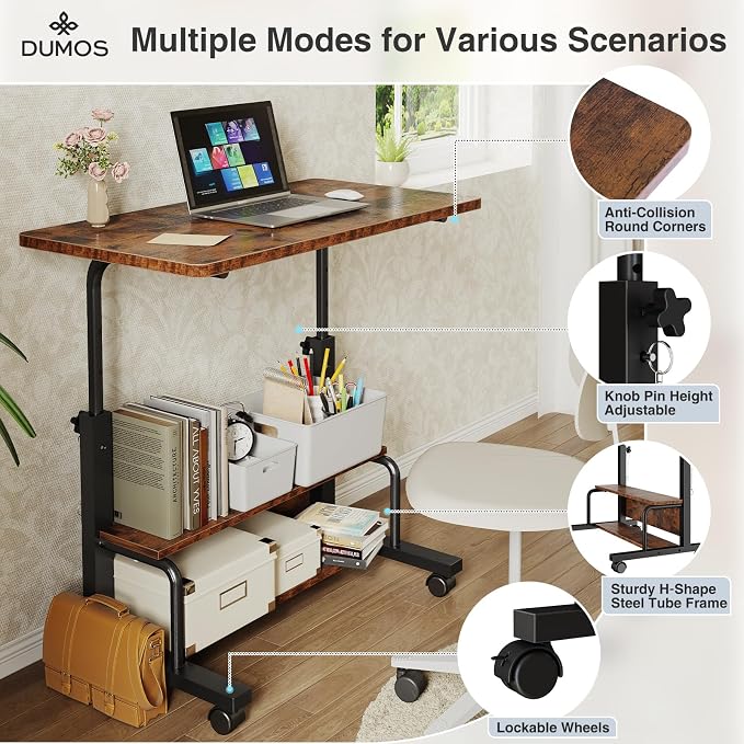 DUMOS Rolling Desk, Storage Shelves, Laptop Table, Home Office | Height Adjustable Design, Computer Desks on Wheels, Portable for Small Spaces Use, White - Image 4