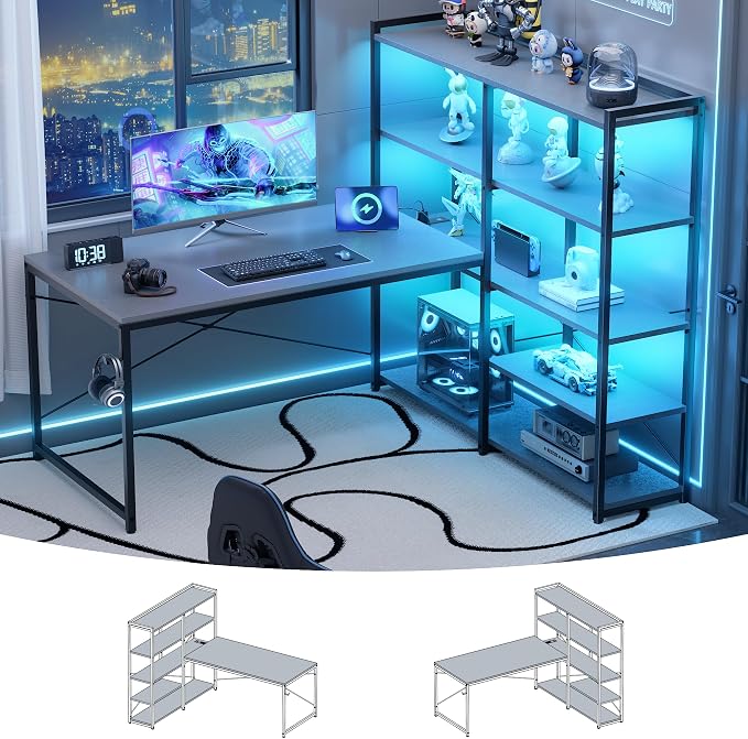 Pamray 49 Inch L Shaped Gaming Computer Desk with Shelves and Storage | Compact Reversible Design with LED Lights & Power Outlets, Suitable for Home Office Bedroom Small Spaces and Dorm Study Work by PAMRAY