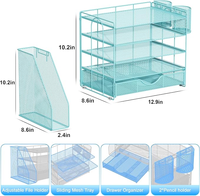 gianotter 5-Tier Desk Organizer with Drawers and File Holders | Letter Trays and Pen Holders - Workspace Accessories for Office Supplies (Blue) - Image 5