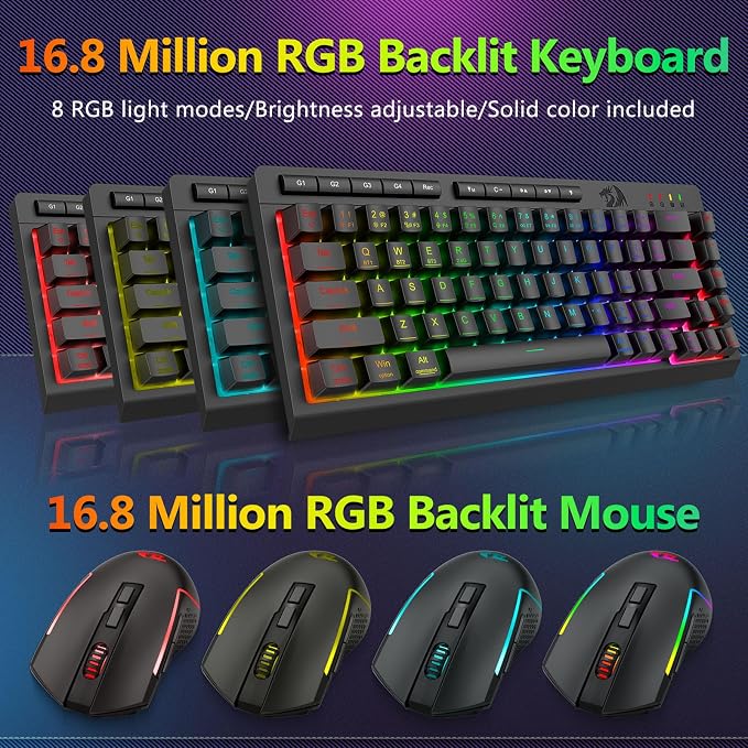 Redragon Wireless Gaming Keyboard and Mouse Combo, 60% Portable, Black | Bluetooth/2.4G/USB-C Wired, RGB Backlit, Quiet Rechargeable Macro Membrane Keyboard & 12800 DPI Mouse for Win/MAC - Image 7