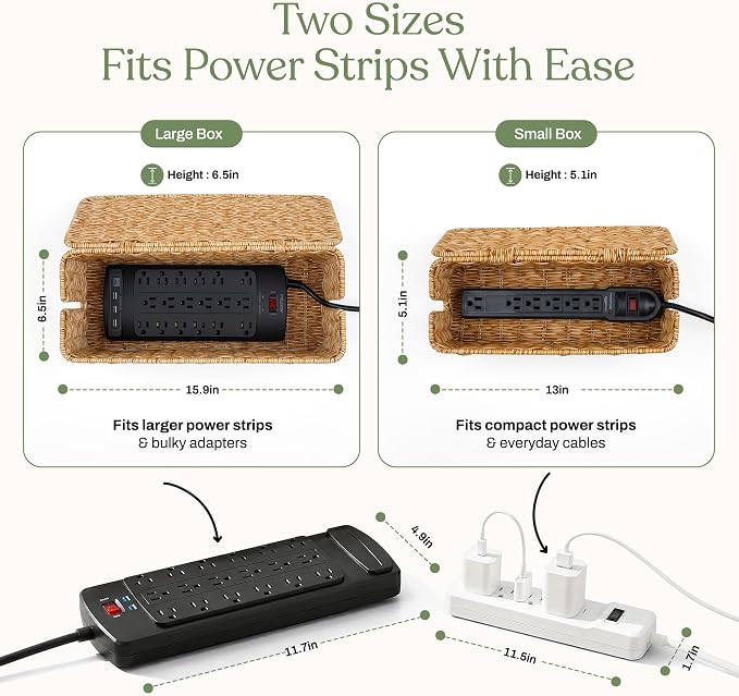 Cable Management Box Set of 2 Sizes, Handmade Rattan Cable Organizer with 2 Open Slots, Cord Hider for Power Strip, Router & USB Hub, Registered U.S. Design Patent (D1,112,102), Natural - Image 2