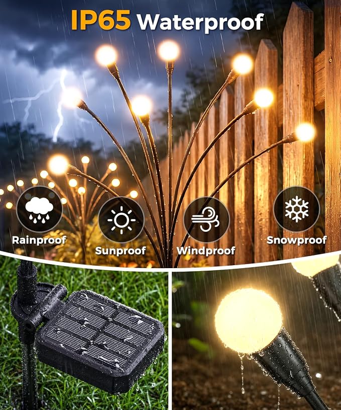 8 Pack Solar Garden Lights 64 LED, Solar Lights Outdoor Waterproof IP65, Decorative Garden Lights Solar Powered for Yard Decor, Outside Solar Firefly Fairy Lights Garden Gifts - Image 3