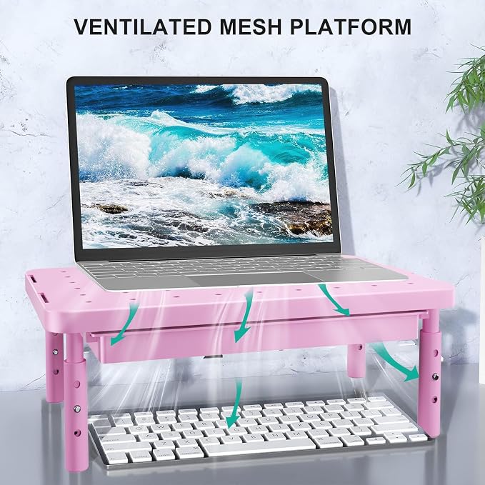 WALI Computer Monitor Stand with Storage, Desk Monitor Riser 3 Height Adjustable, Laptop Riser with Airflow Vents, Desk Organizer for Computer, Laptop, Printer (PTT002-P), 1 Pack, Pink - Image 4