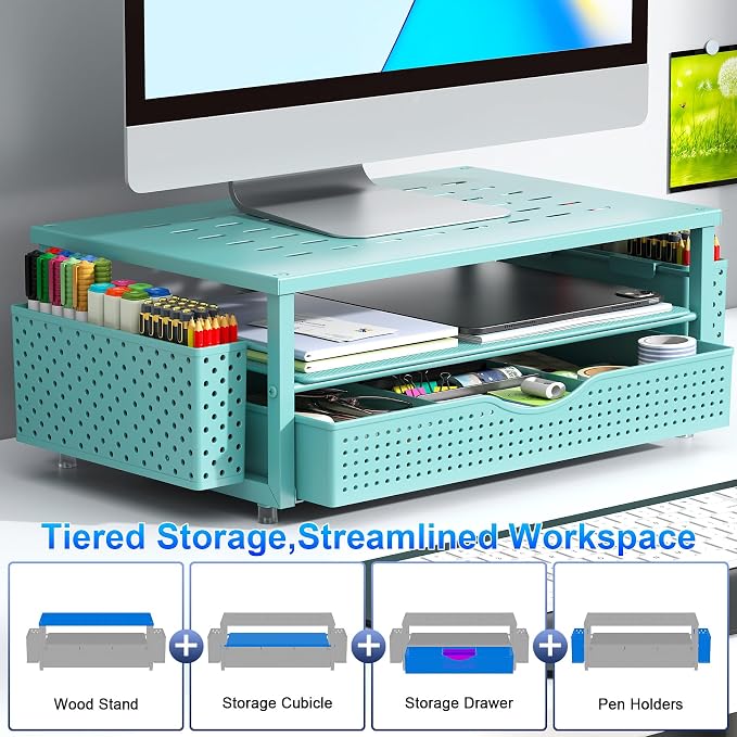 gianotter Desk Organizers and Accessories, Monitor Stand with Drawer and 2 Pen Holder, Desktop Organizer Suitable for Offices and Dormitories (Blue) - Image 3