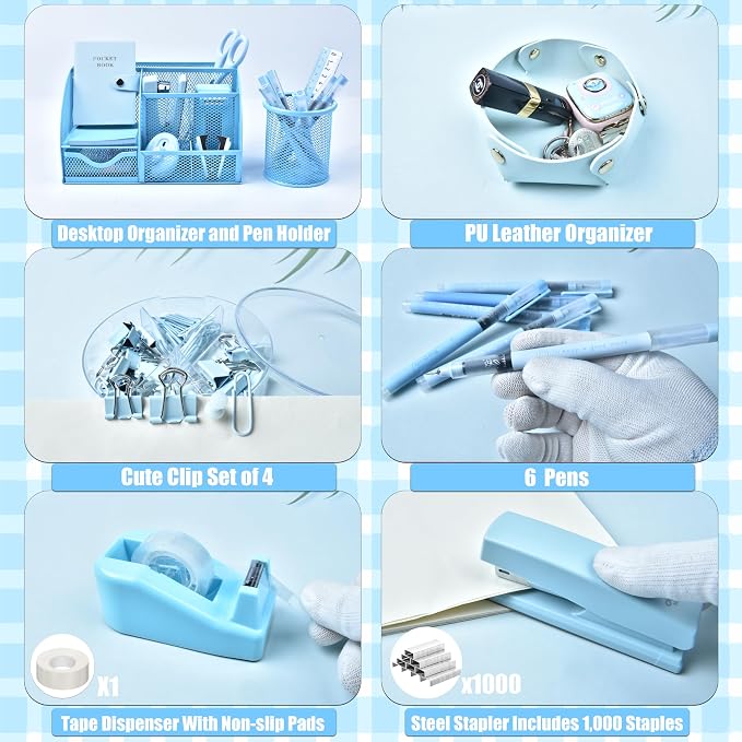 Blue Desk Accessories, 26Pcs Office Supplies and Desk Organizers, with Tape Dispenser, Stapler, Staple Remover, Ect, Gift Box Packaging - Image 4
