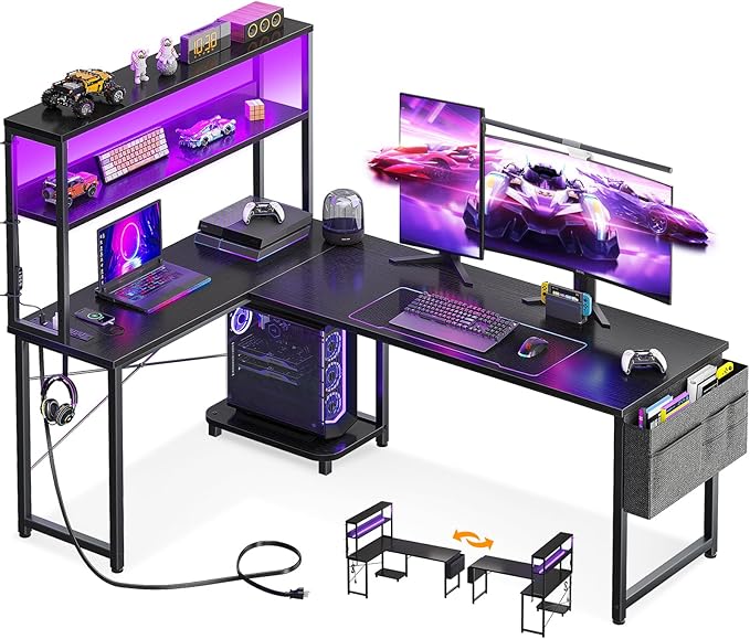 AODK L Shaped Desk Gaming Desk with LED Light & Power Outlet | 61 Inch Black Reversible L Shaped Computer Table with Shelf & Storage Bag & Hook for Home Office by AODK