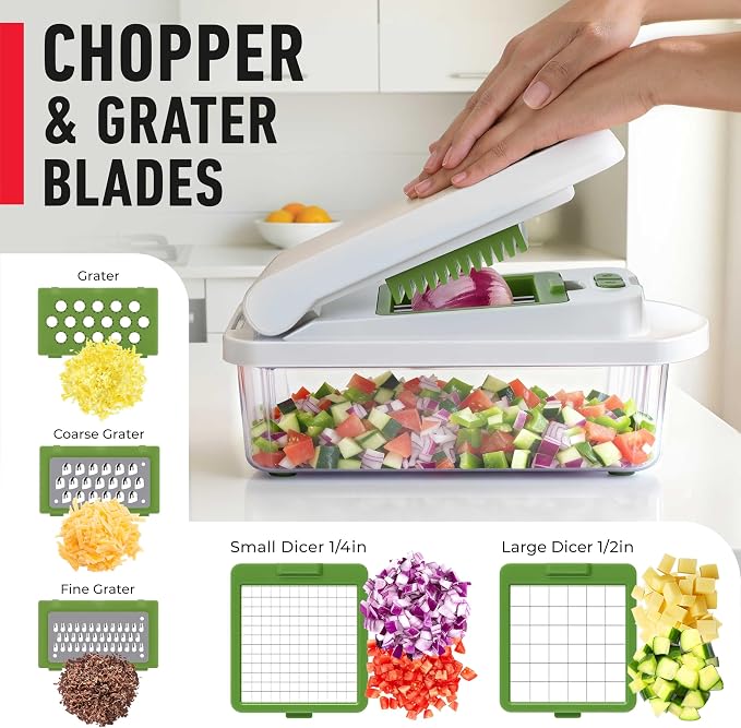 MUELLER HOME Pro-Series 10-in-1 Vegetable Chopper, 8 Blade Onion Mincer | Cutter, Dicer, Fruit Slicer with Container, French Fry Cutter Potato Slicer, Home Essentials, Salad Chopper White Sand/Green - Image 5