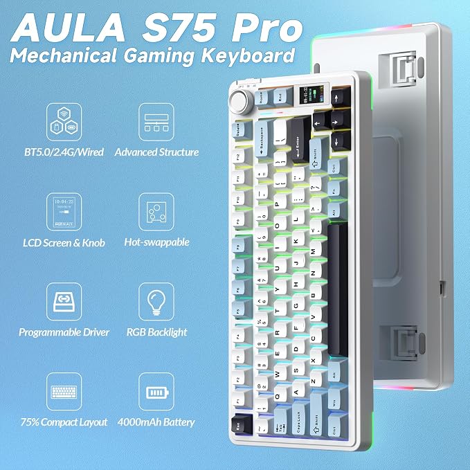 AULA S75 PRO Wireless Mechanical Keyboard with Screen&Knob, 75% Hot Swappable Gaming Keyboard with Pre-lubed Switches, RGB Backlit, PBT Keycaps Creamy Sounding Pc Gaming Keyboards - Image 2