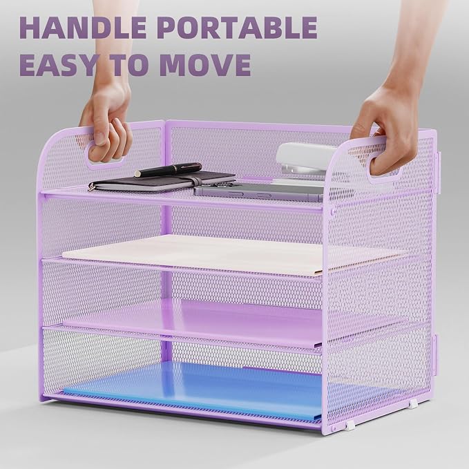 Marbrasse 4 Tier Paper Organizer Letter Tray - Mesh Desk File Organizer with Handle, Paper Sorter Organizer for Letter/A4 Office File Folder Holder (Purple, 12.6" x 9.1" x 10.7") - Image 5