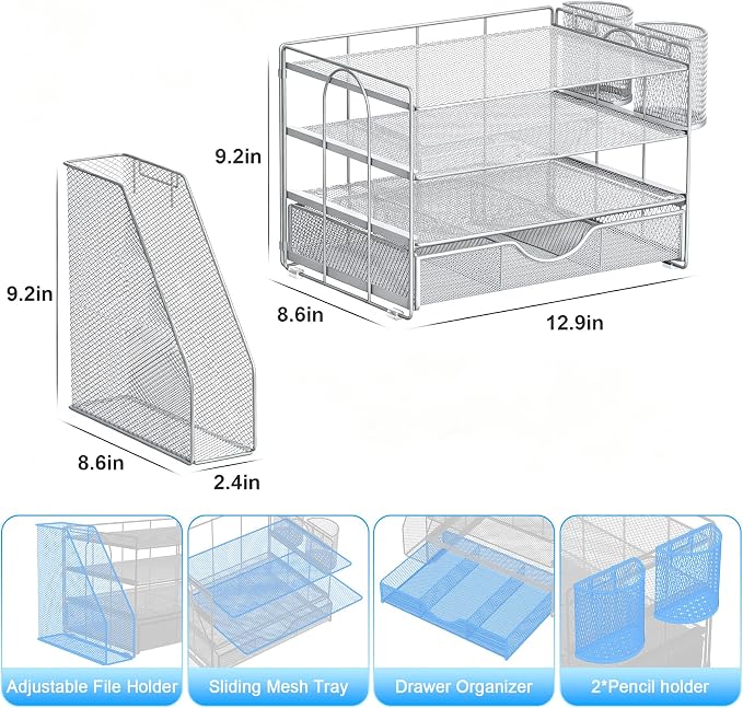 gianotter Desk Organizers and Accessories with File Holder, 4-Tier Desk Accessories & Workspace Organizers with Drawer and 2 Pen Holder, Paper Organizer for Office Supplies (Grey) - Image 5