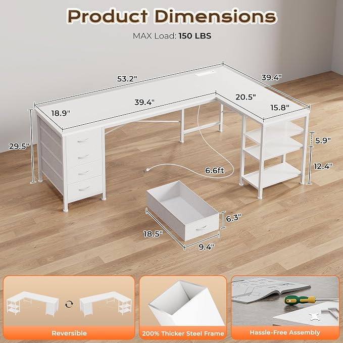 Huuger 55 Inch L Shaped Desk with Fabric Drawers, Reversible Computer Gaming Desk with Power Outlets and USB-C Port, Adjustable Side Storage Shelves, for Work Corner Home Office, White - Image 3