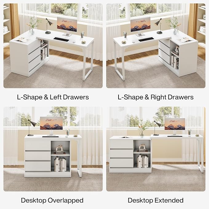 Tribesigns L-Shaped Computer Desk with Drawers and Shelves, Reversible White Corner Office Desk with Storage Cabinet, Modern Study Writing Table for Home Office, Bedroom - Image 3