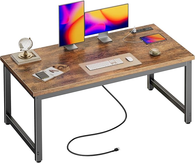 Huuger 55 x 24 inch Desk with Power Outlets & USB-C, Deeper & Thicker Desktop, Robust Metal Tubes, Computer Desk, Heavy Duty Office Desk, Work Gaming Desk for Home Office, Rustic Brown by Huuger