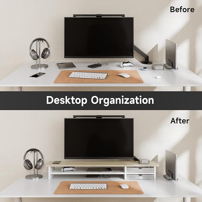 Fenge Monitor Stand, Dual Monitor Riser, 42.5inch Large Desk Computer Monitor Stand Riser with Drawer, 2 Tier Wood & Acrylic Desktop Organizer for Computer, Laptop, Printer, TV Screen Riser - Image 9