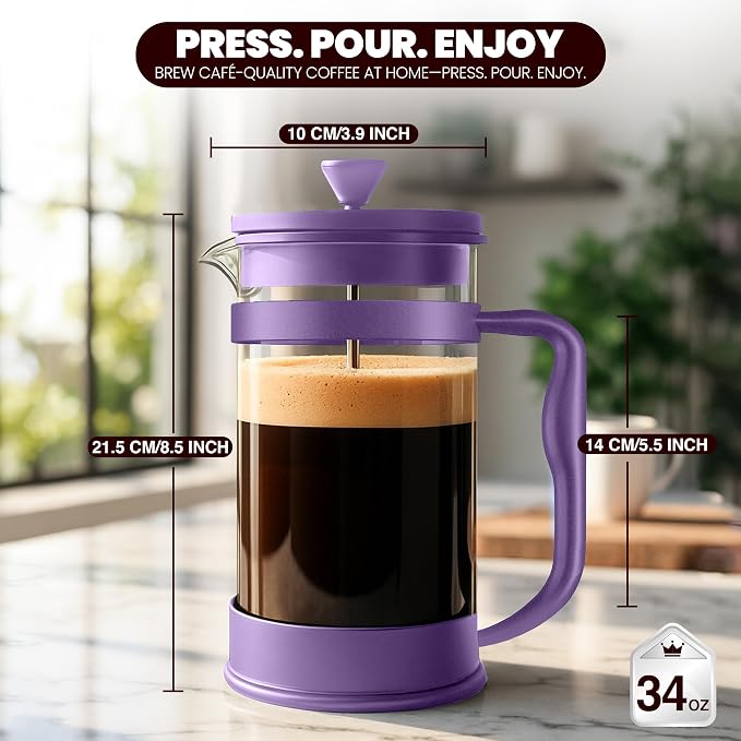 Utopia Kitchen Borosilicate Glass French Press Coffee Maker 34 Oz, Plum | Heat-Resistant Cafetiere & Tea Maker, Thickened Glass Coffee Press for Travel and Camping - Image 2