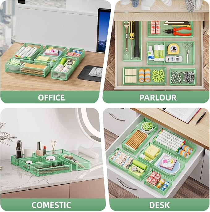 Marbrasse 5 Pack Desk Drawer Organizer Set, Mesh Drawer Storage Trays with 1 Adjustable Divider, Desk Organizers and Accessories, 5 PCS Drawer for Office Supplies, Makeup & Vanity (Green) - Image 3