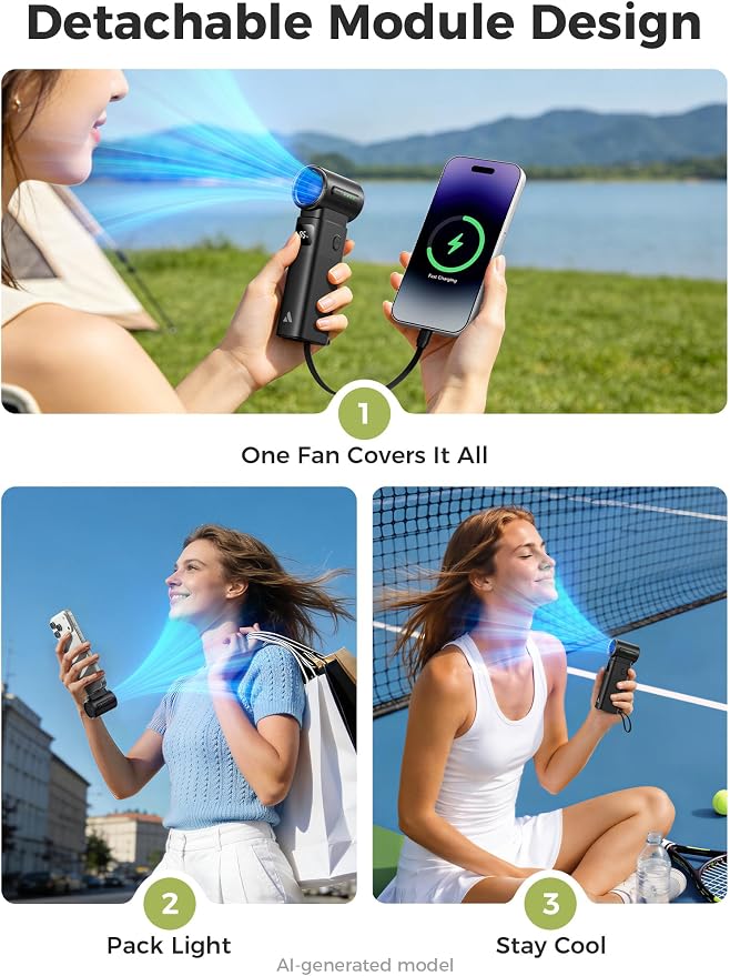 Aecooly Portable Fan with Power Bank, 36ft/s Poweful Handheld Fan, 5000mAh Battery [20H Max Cooling], 4 Speeds Mini Detachable Modular, Small Personal for Summer, Travel, Gifts for Women-Black - Image 5