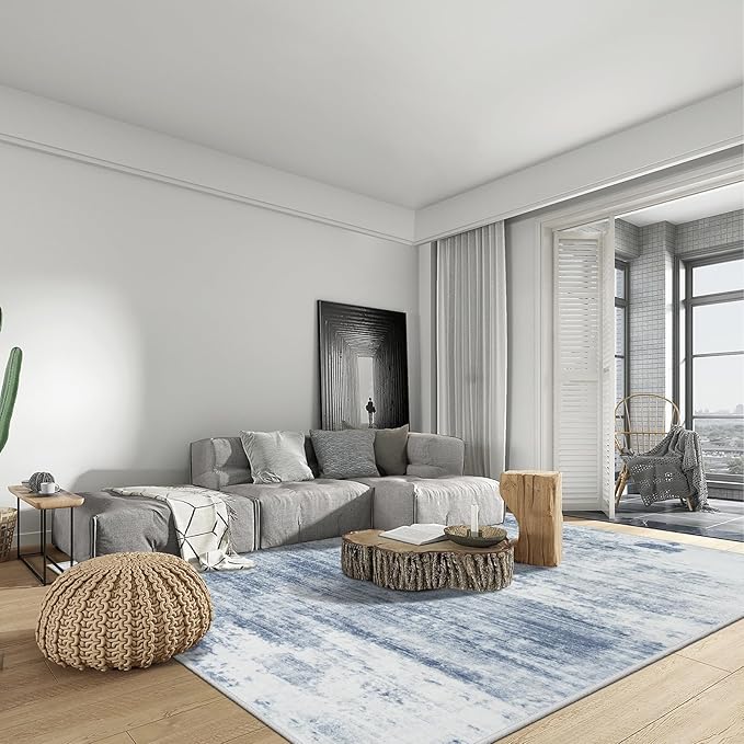 10x14 Area Rugs Washable Rug: Modern Abstract Living Room Rug Soft Anti-Skid Thin Carpet Indoor Floor Non-Shedding Carpets for Bedroom Dining Room Farmhouse Nursery Home Office Blue White - Image 3