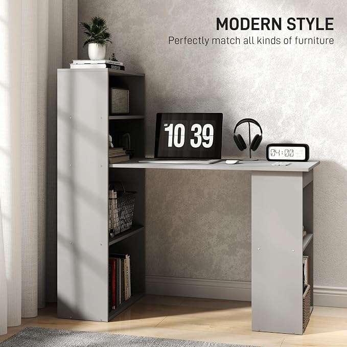 HOMCOM Modern Home Office Desk with 6-Tier Storage Shelves, 47", Gray | Writing Desk, Bookshelf - Image 4