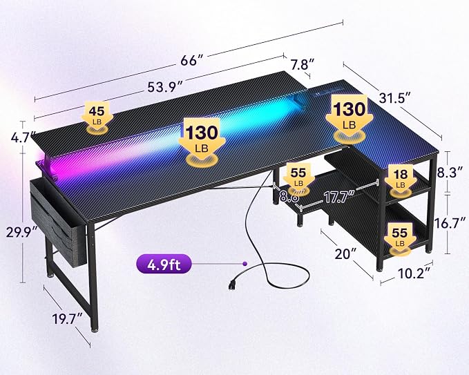 ODK 66 Inch L Shaped Gaming Desk with LED Lights, Power Outlets, Black | Adjustable Monitor Stand, Open Storage Shelves, Hanging Side Bag, PC Tower Stand, Reversible Layout for Gaming - Image 3