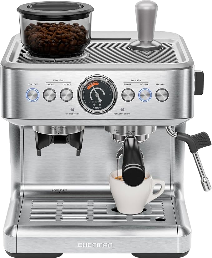 Chefman Crema Supreme 15 Bar Espresso Machine with Milk Frother, Barista Steam Wand, Professional Coffee Maker with Coffee Grinder, 30 Grind Settings, 3L Removable Water Tank - Stainless Steel by Chefman