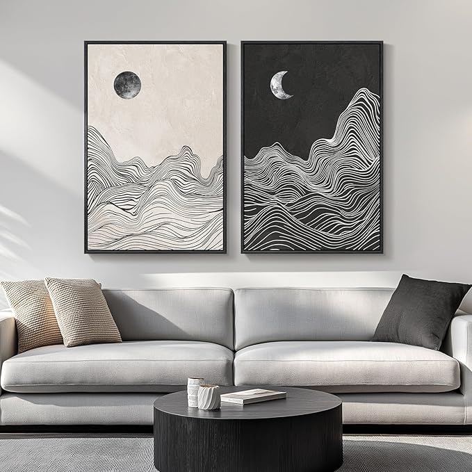 Large Framed Black and White Abstract Wall Art for Living Room, Set of 2 Modern Canvas Prints Paintings Artwork for Walls, Abstract Mountain and Moon Pictures for Bedroom Hallway Wall Decor 24x36 In by Cuspin