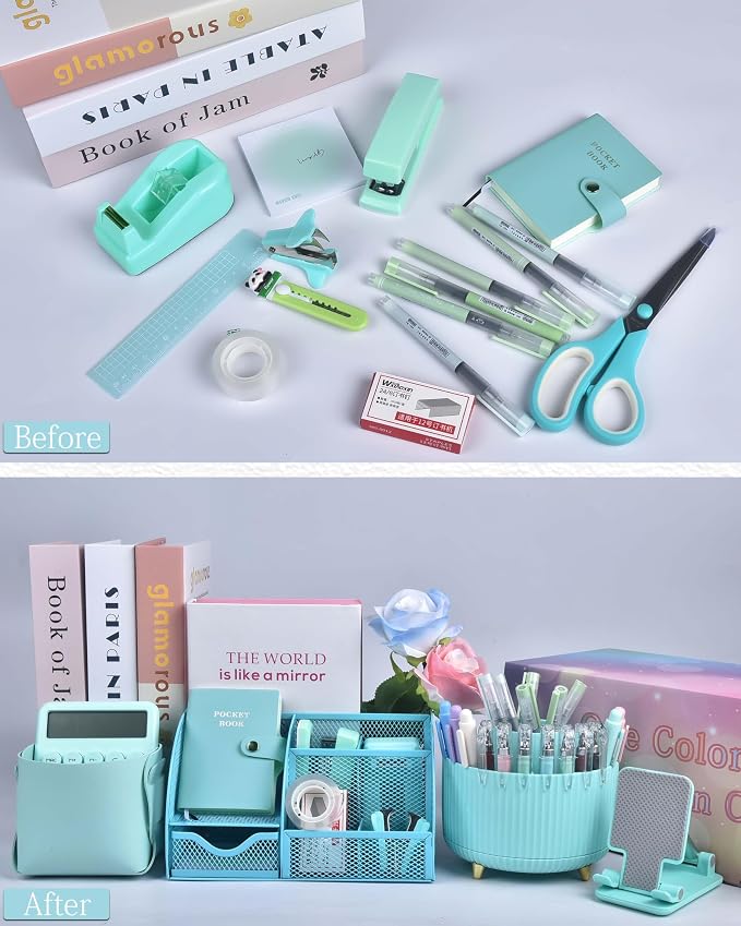 LXEVIHK 21Pcs Green and Blue Desk Organizers and Accessories With Mesh Desk Organizer and 360°Rotating Pen Holder and a Lot of Office Green Office Supplies Beautifully Presented in a Gift Box - Image 7