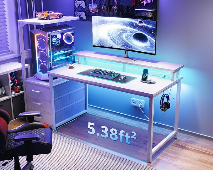 AODK 52 Inch Gaming Desk with USB Charging Ports & LED Light- Reversible Computer Desk with Storage Shelves & Monitor Stand, Modern Gamer Desk Table with Fabric Drawers, White - Image 2