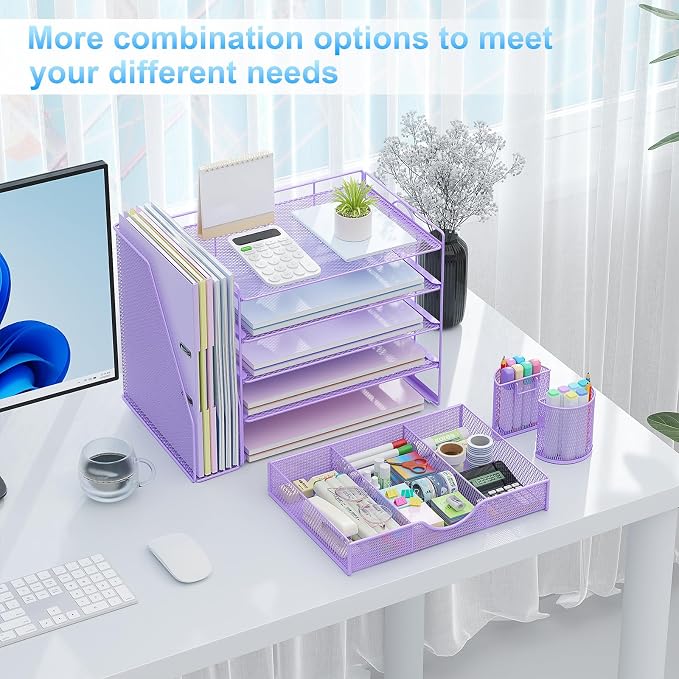 gianotter 5-Tier Desk Organizer with Drawers and File Holders | Letter Trays and Pen Holders - Workspace Accessories for Office Supplies (Light Purple) - Image 4