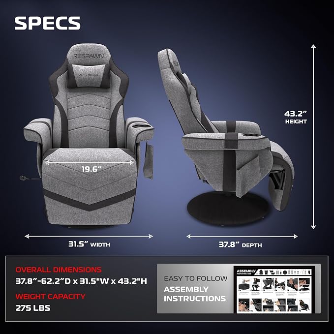 RESPAWN 900 Gaming Recliner Chair with Footrest, Cup Holder and Swivel | Ergonomic gaming recliner with footrest, cup holder, lumbar support, 135° recline & 360° swivel for console gaming - Image 2