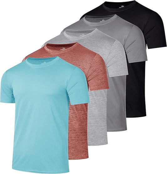5 Pack Men's Dry Fit Short Sleeve T-Shirt Gym Workout Athletic Running Tee | Cooling, Moisture-Wicking, Crew Neck, Quick-Dry, Breathable, Active, Exercise, Fitness, Basketball, Cycling, Hiking, Tennis by RealEssentials