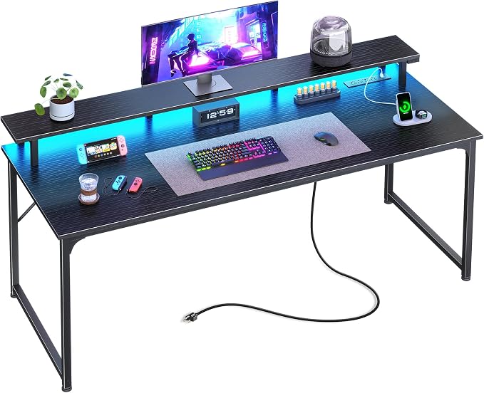 PRAISUN 55 inch Gaming Desk, LED & Power Outlets, Monitor Stand, Black | Sturdy PC Desk for Home Office, Study & Work, LED Lights, 4 AC Outlets & USB-C Charging Station by PRAISUN